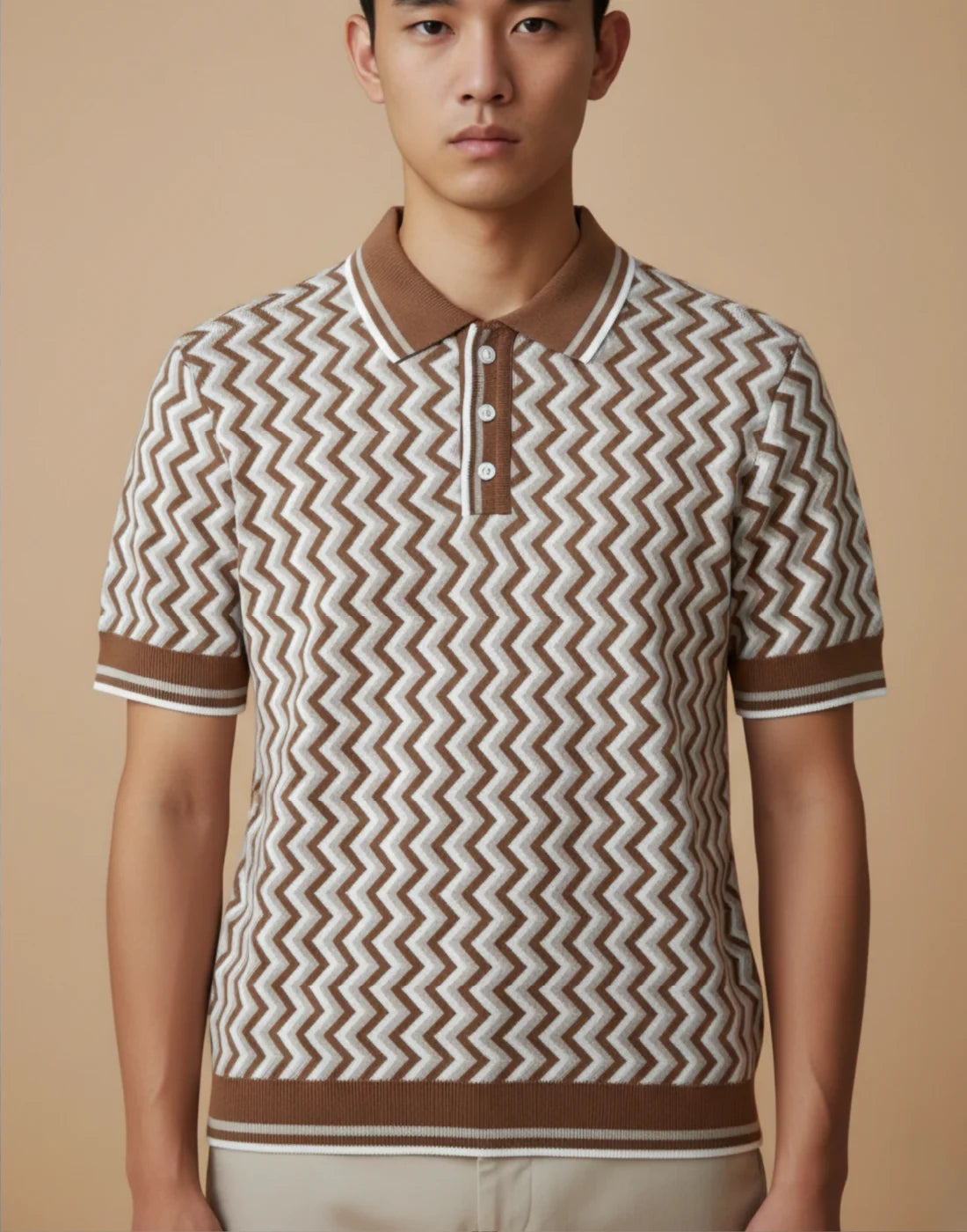 Brown Jacquared Knitted Fabric Polo T-shirt